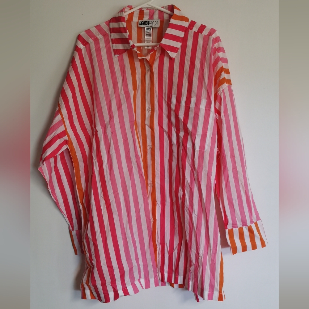 Beach Riot Alexa Coverup Button Down Sunset Stripes Pink Orange